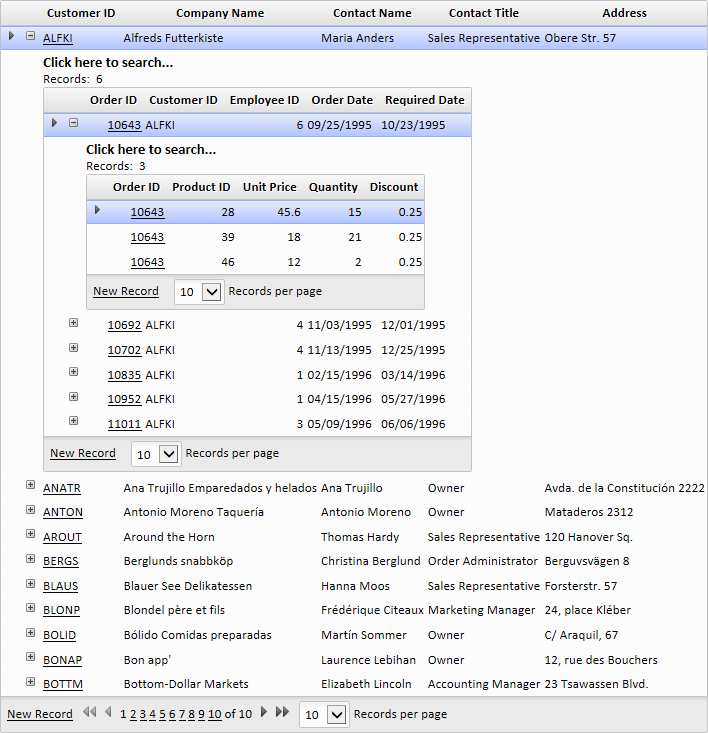 The Grid part lists the records in the table